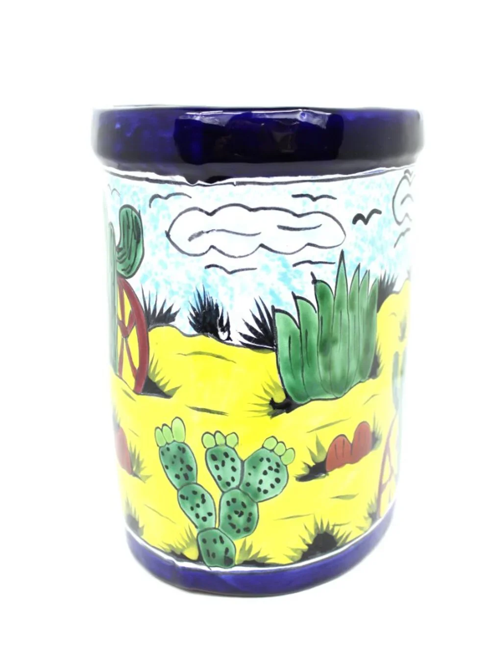 TALAVERA STYLE HAND-PAINTED MX CERAMIC POTTERY PLANTER/WASTE BASKET W/CACTUS